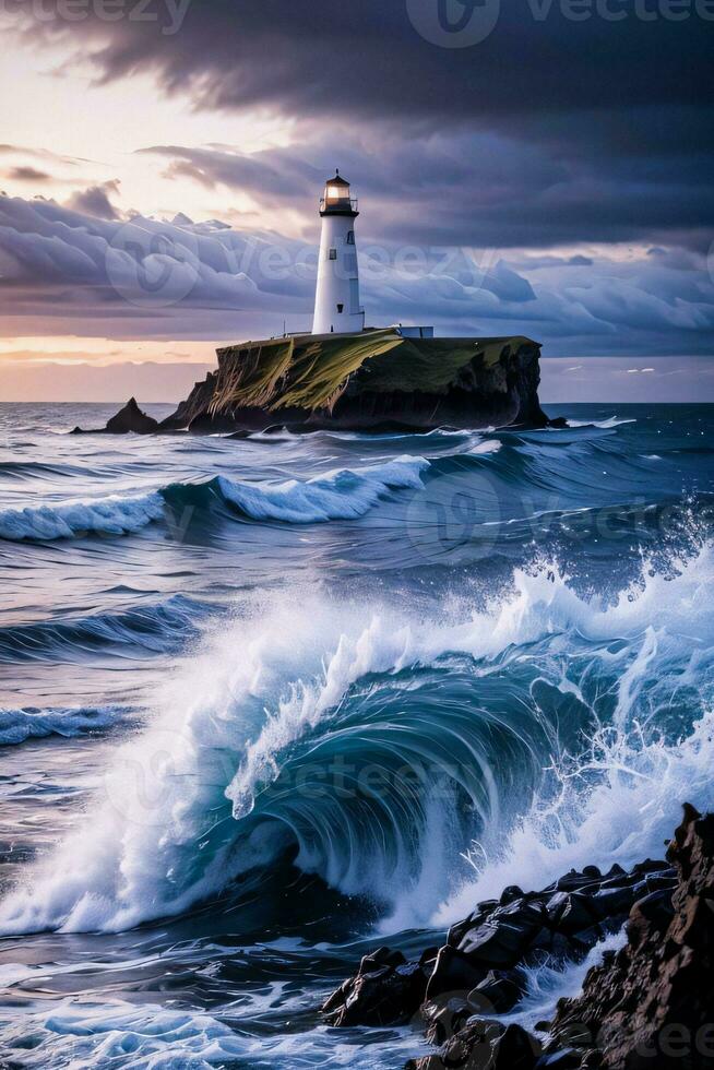 photo de le phare et orageux mer Contexte fond d'écran