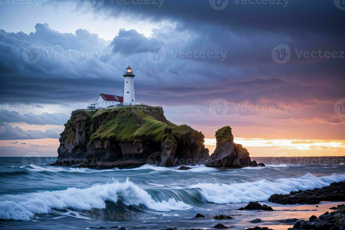 photo de le phare et orageux mer Contexte fond d'écran