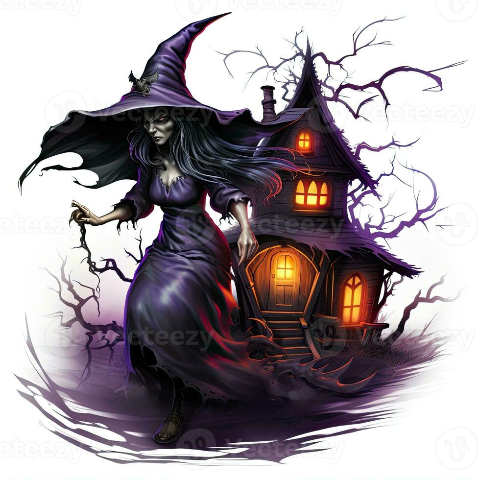 Château maison avec des fantômes lune Halloween illustration effrayant horreur conception tatouage isolé fantaisie photo