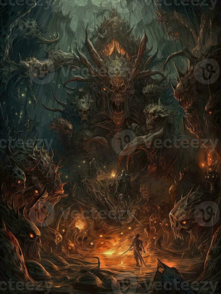 diablo satana démon bataille tatouage épique foncé fantaisie illustration art effrayant affiche pétrole La peinture photo
