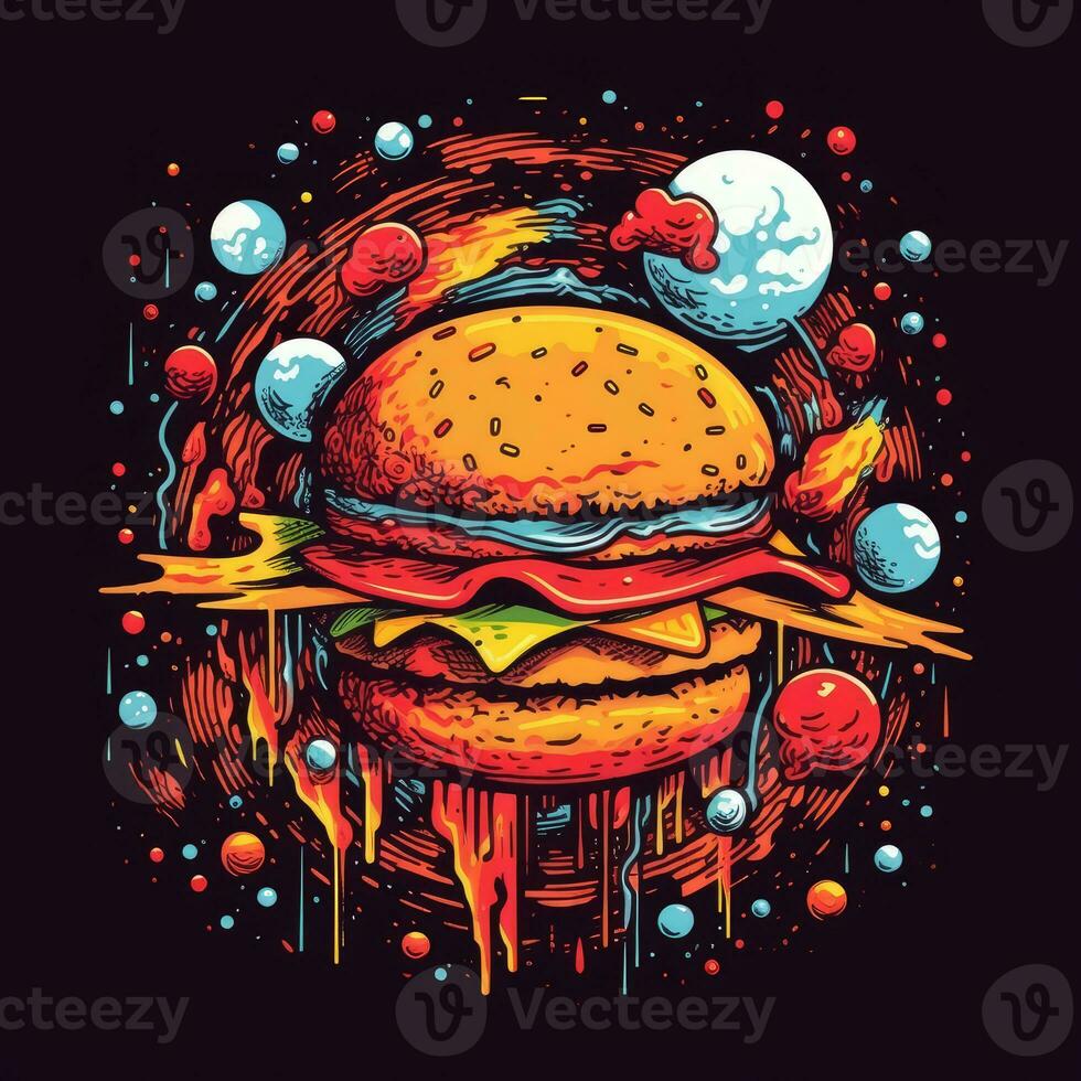 gros Burger espace T-shirt conception maquette imprimable couverture tatouage isolé vecteur illustration ouvrages d'art photo