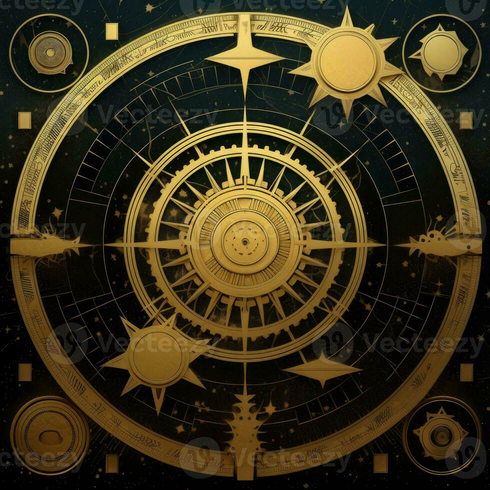 d'or mystique cosmos boussole planète tarot carte constellation la navigation zodiaque illustration photo