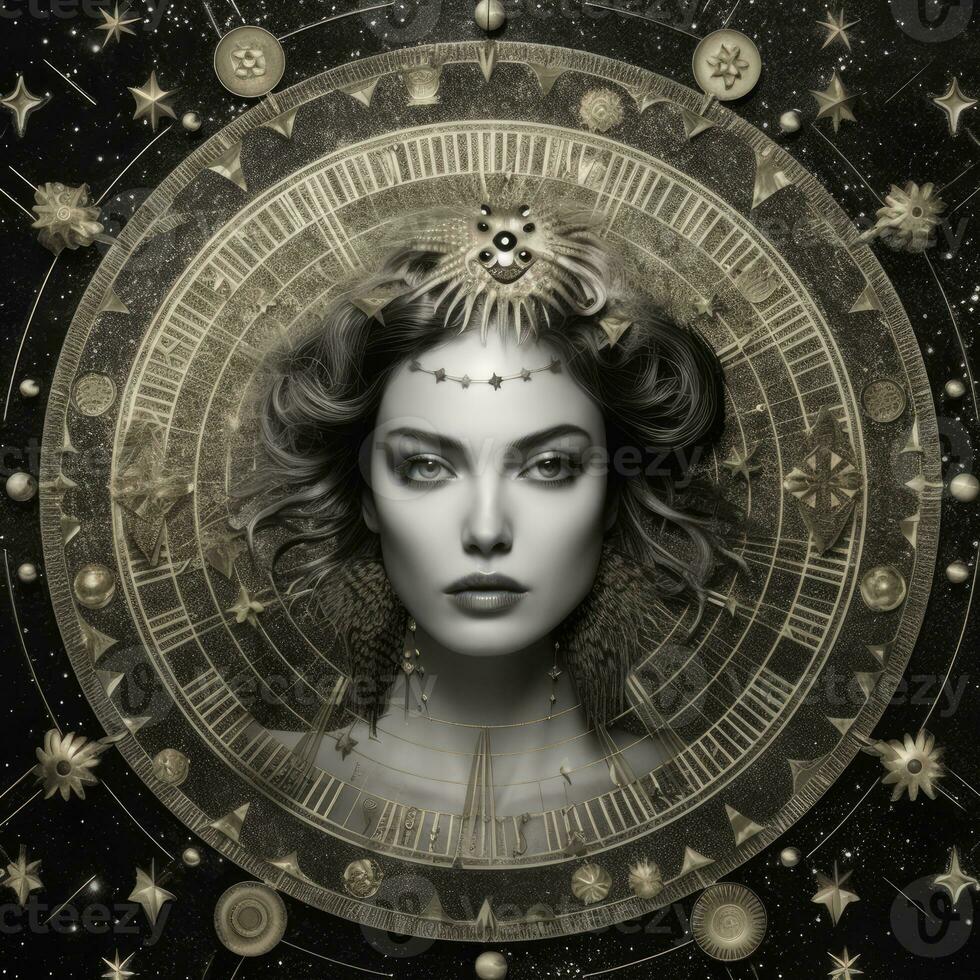 femme visage mystique cosmos boussole planète tarot carte constellation la navigation zodiaque illustration photo