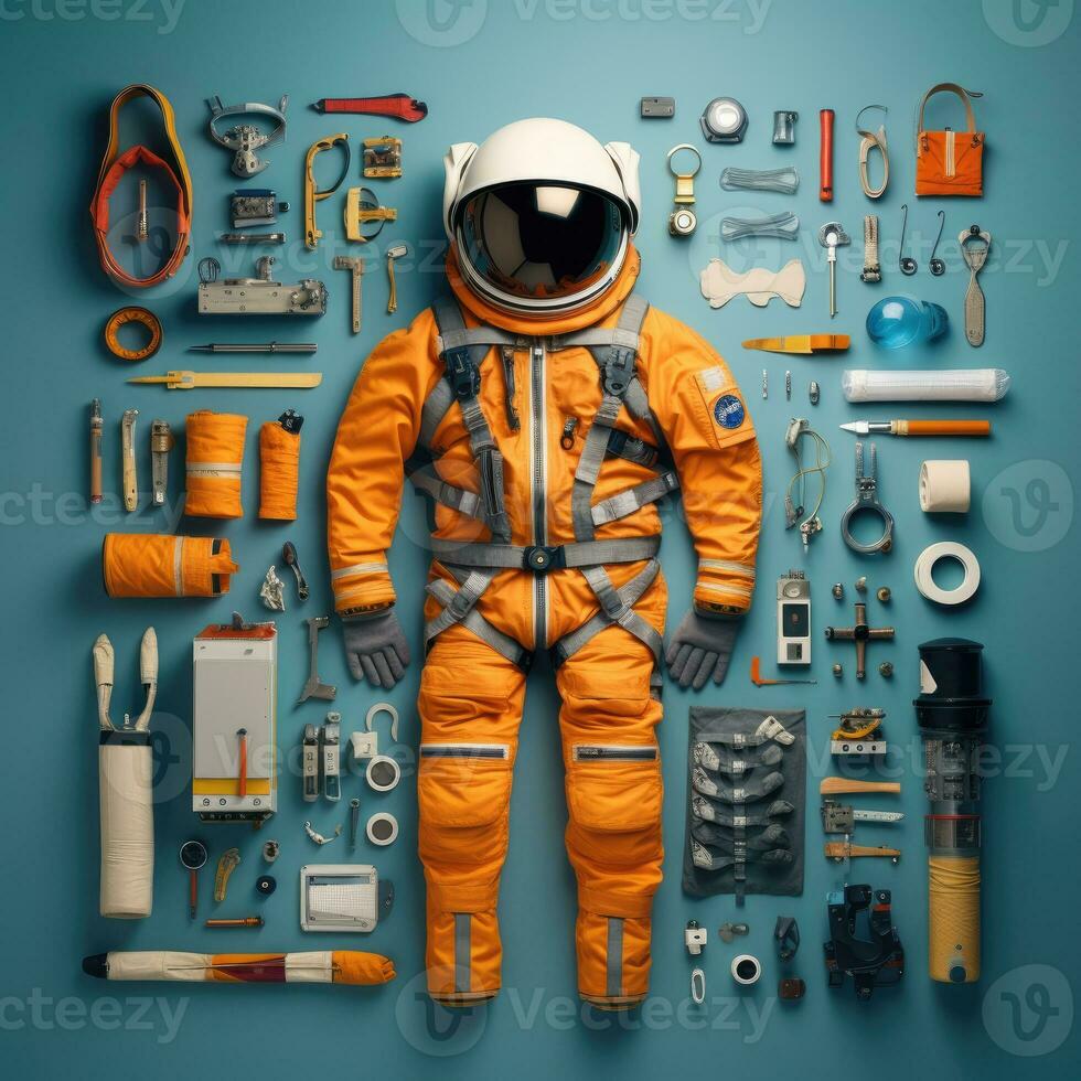 astronaute ancien knolling plat pose vogue photo salon élégant vêtements mode collection ensemble