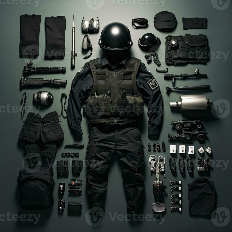 écraser police armée ancien knolling plat pose vogue photo salon élégant vêtements collection ensemble