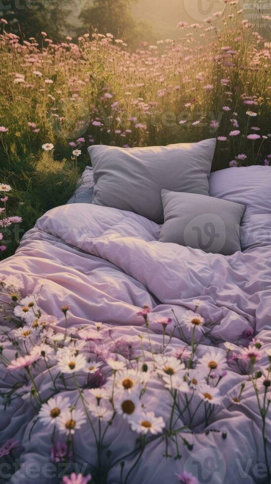 lit dans le champ relaxation oreiller couverture fleurs endroit rêver doux couverture photo chambre air Zen