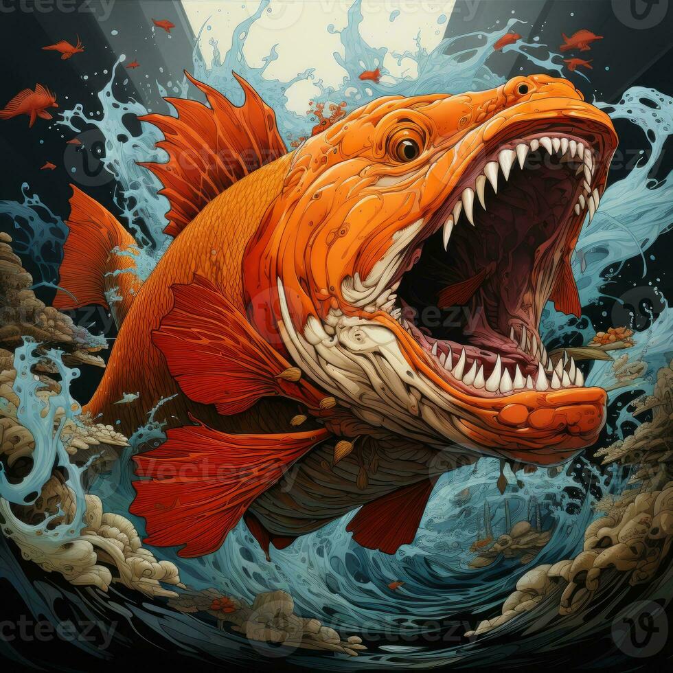 fou poisson en colère furieux furieux portrait expressif illustration ouvrages d'art pétrole peint esquisser tatouage photo