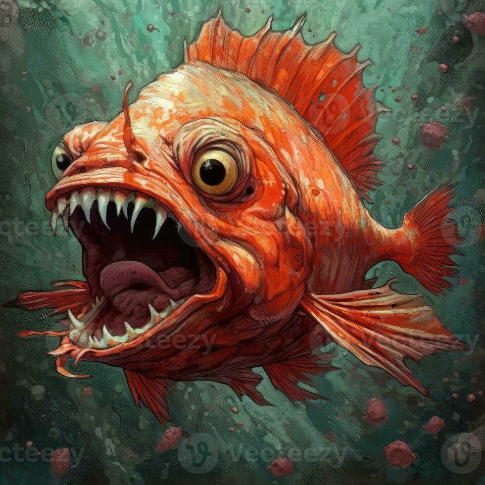 fou poisson en colère furieux furieux portrait expressif illustration ouvrages d'art pétrole peint esquisser tatouage photo