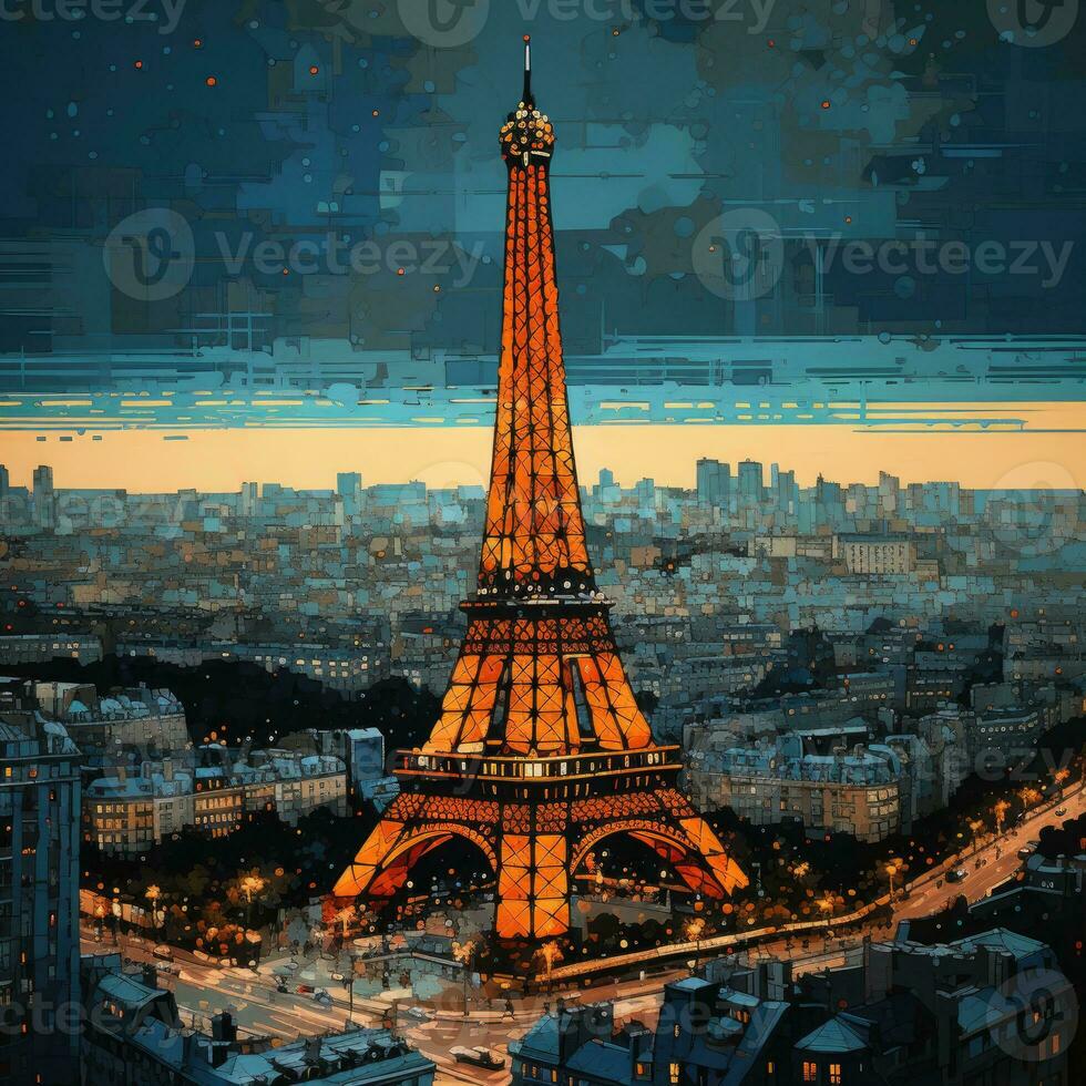 Eiffel la tour Paris main dessiner La peinture ouvrages d'art graphique pétrole paysage indigo Orange affiche paysage photo