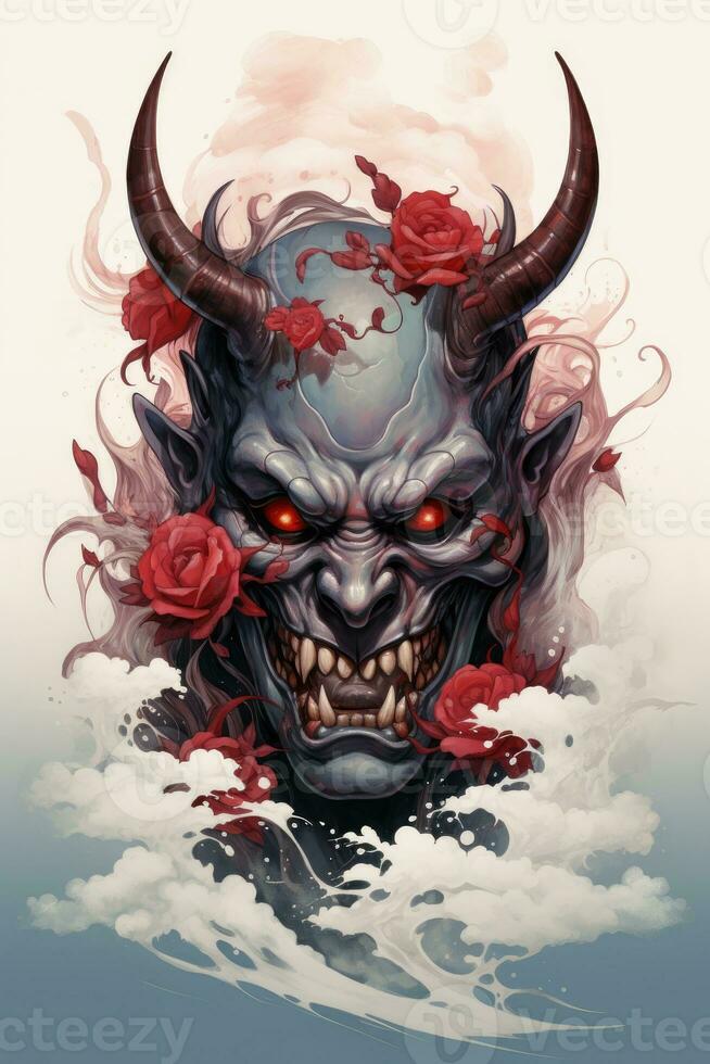 hannya masque Japonais théâtre brouillard nuage tatouage photo effrayant crier démoniaque mal monstre fumée