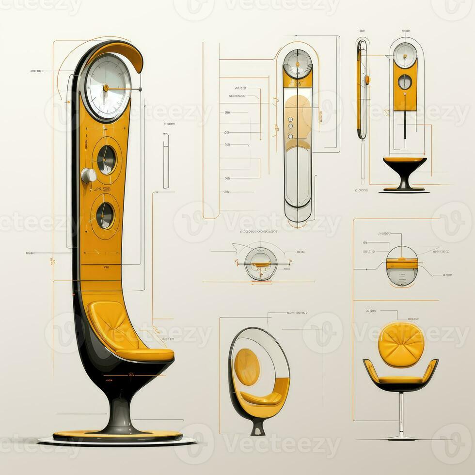 grand-père l'horloge rétro futuriste meubles esquisser illustration main dessin référence idée photo