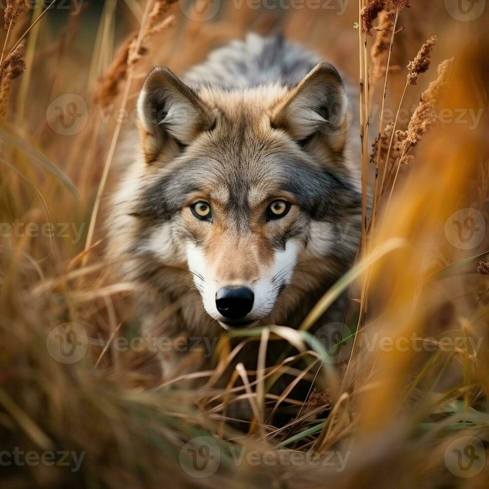 Loup caché prédateur la photographie herbe nationale géographique style 35mm documentaire fond d'écran photo