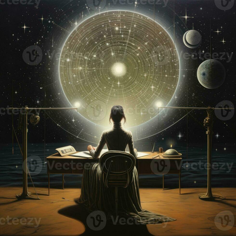 femme en train de lire mystérieux astrologie fantaisie zodiaque illustration tarot destin futur occulte femelle photo