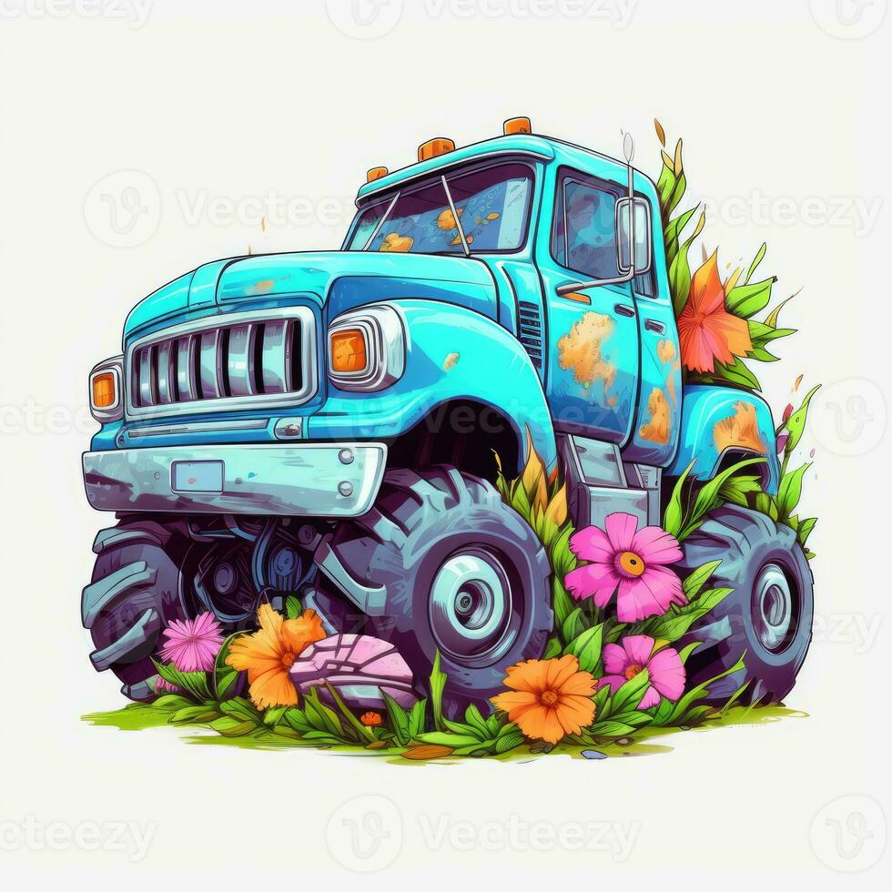 un camion jeep coloré tropical éclaboussure T-shirt conception tatouage autocollant clipart vague Miami Paraside photo