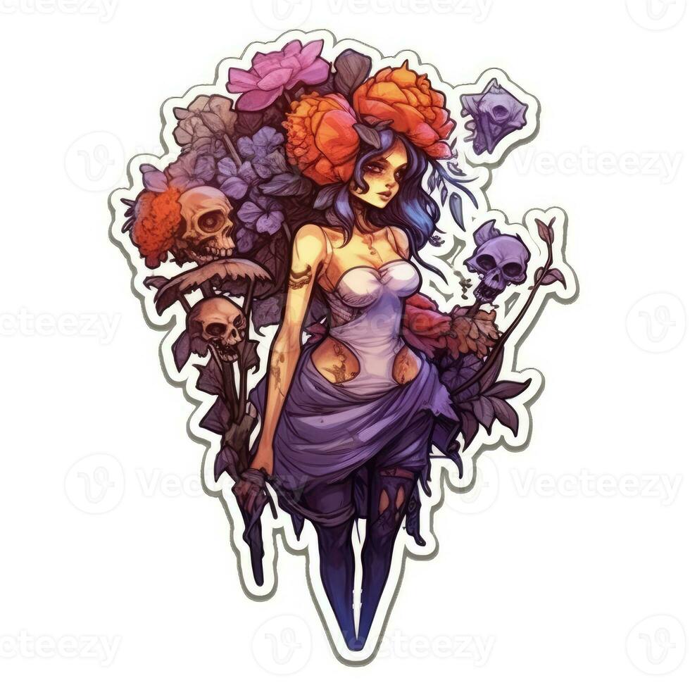 Fée fille démon fleurs tatouage autocollant illustration Halloween effrayant terrifiant horreur fou diable photo