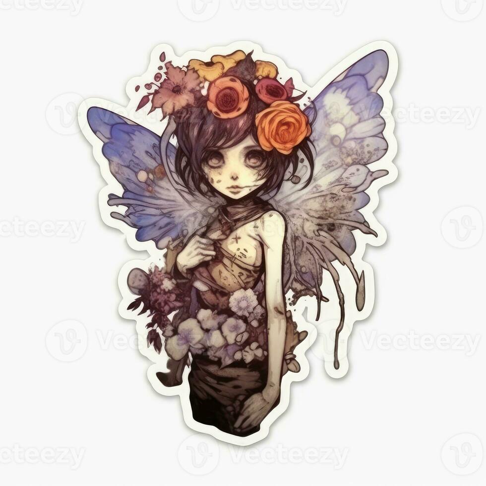 Fée fille démon fleurs tatouage autocollant illustration Halloween effrayant terrifiant horreur fou diable photo