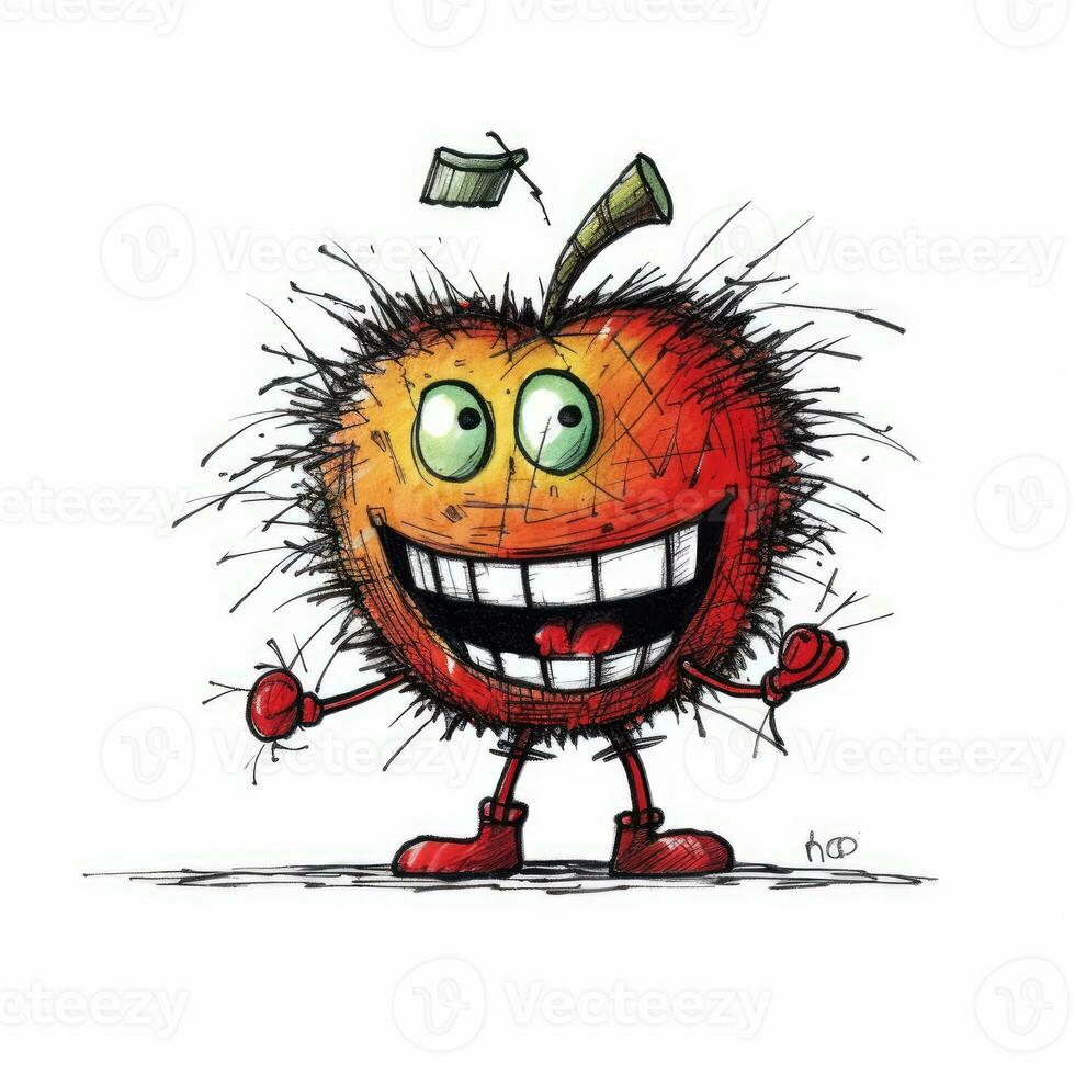 rouge fou Pomme esquisser caricature accident vasculaire cérébral griffonnage illustration vecteur main tiré mascotte clipart photo