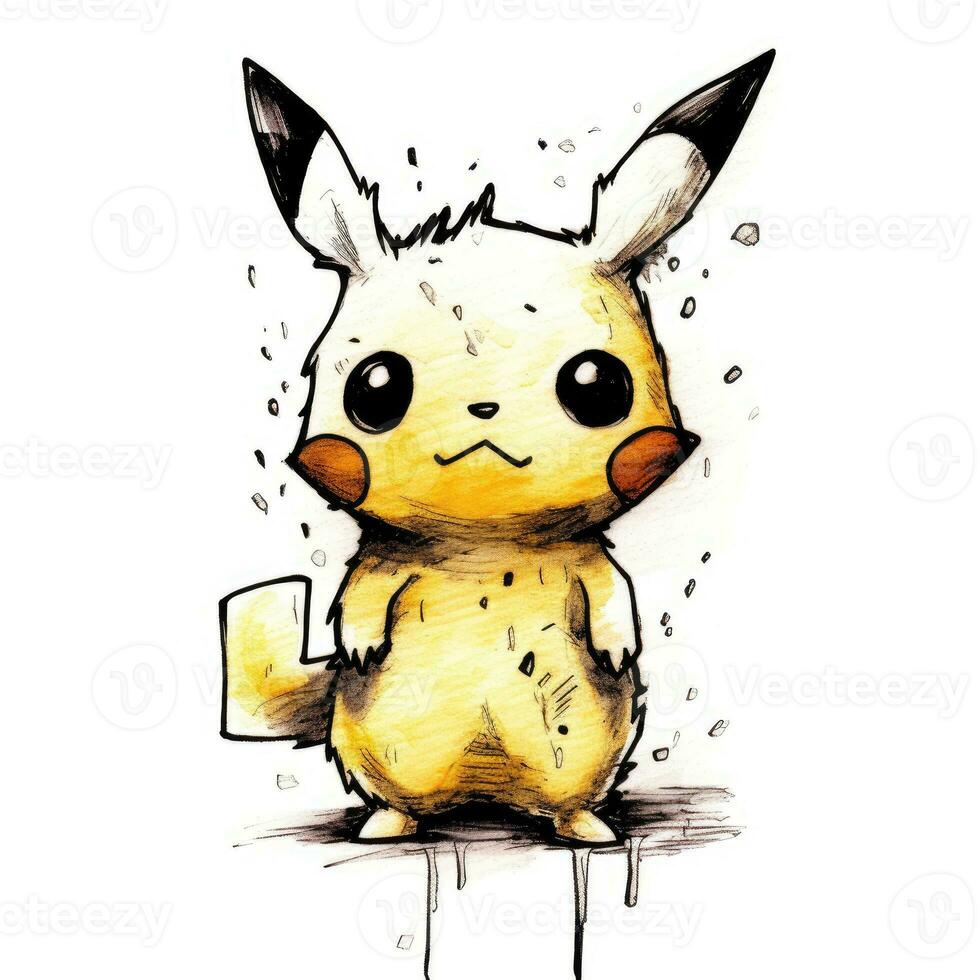 fou Pikachu esquisser caricature accident vasculaire cérébral griffonnage illustration vecteur main tiré mascotte clipart photo