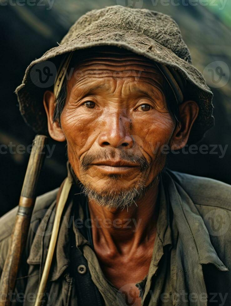 asiatique homme de le de bonne heure années 1900 coloré vieux photo ai génératif