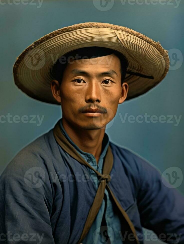 asiatique homme de le de bonne heure années 1900 coloré vieux photo ai génératif