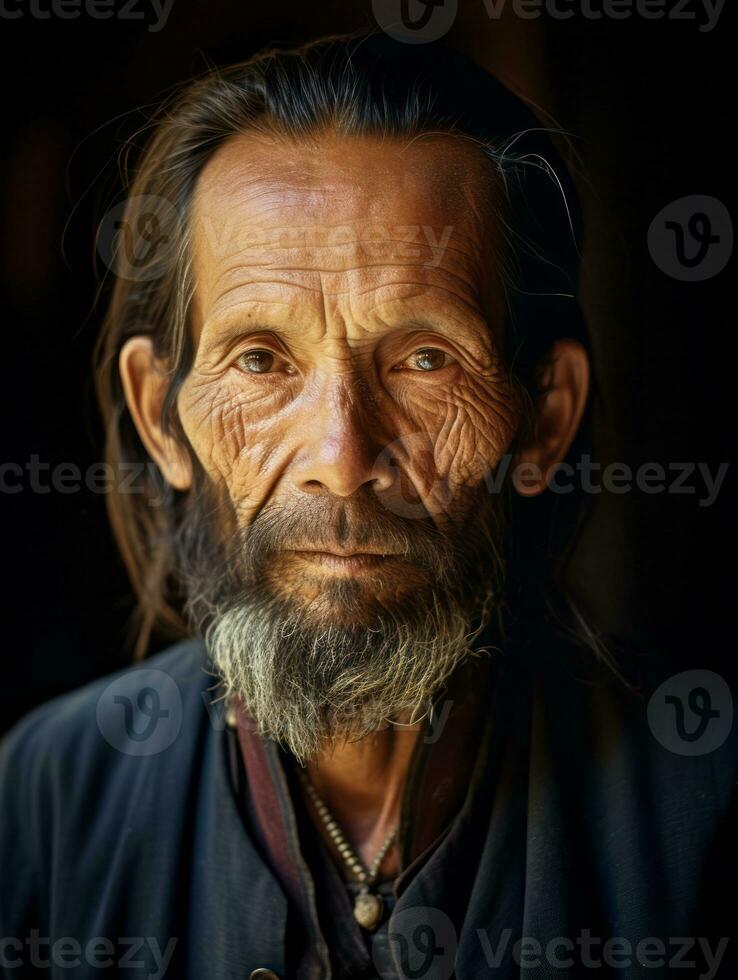 asiatique homme de le de bonne heure années 1900 coloré vieux photo ai génératif