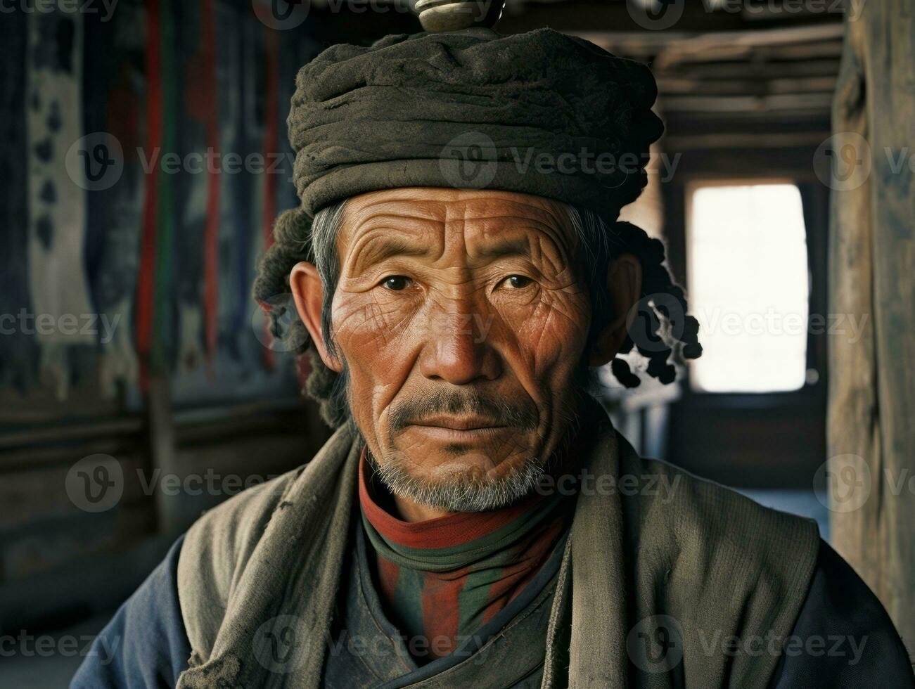 asiatique homme de le de bonne heure années 1900 coloré vieux photo ai génératif