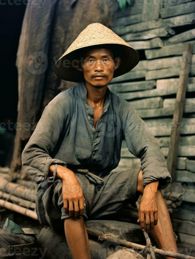 asiatique homme de le de bonne heure années 1900 coloré vieux photo ai génératif