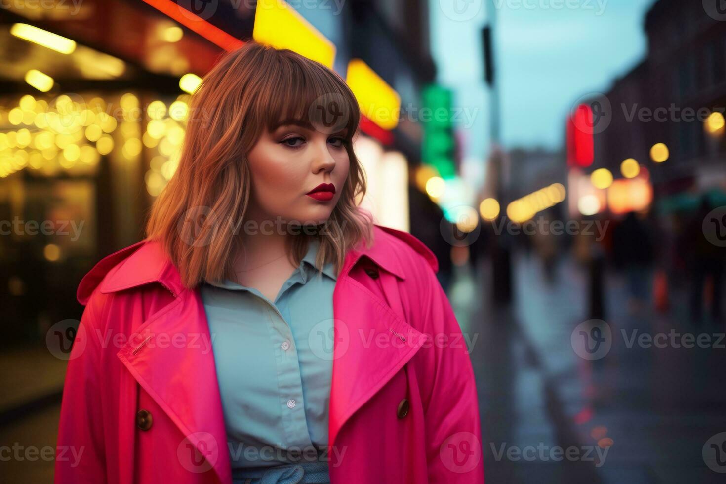 plus Taille moderne femme balancement moderne contre le vibrant néon des rues ai génératif photo