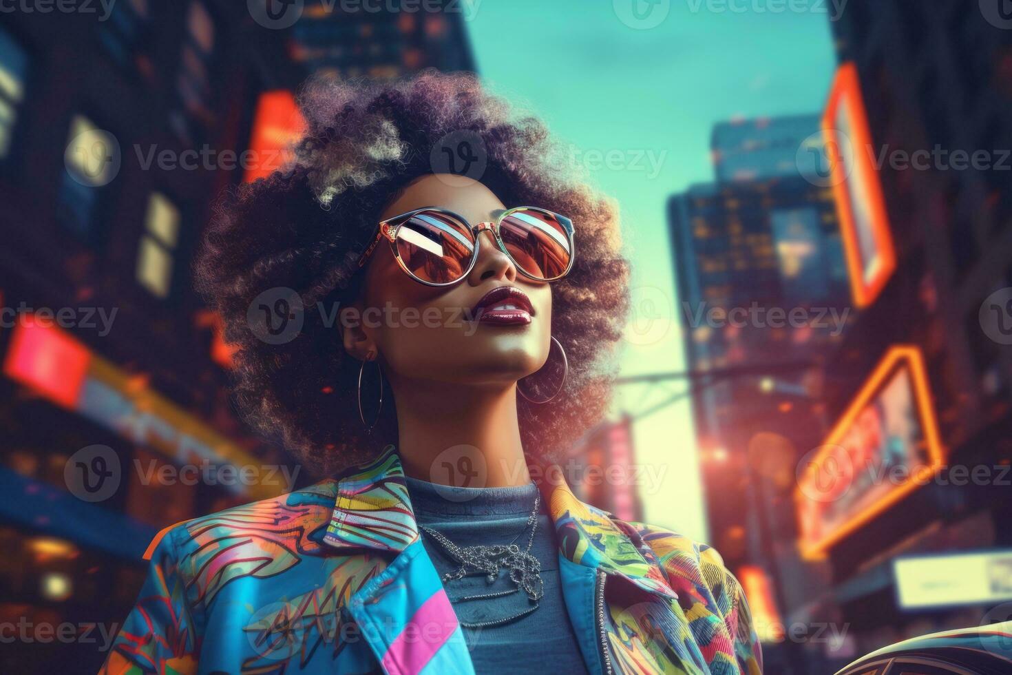 plus Taille moderne femme balancement moderne contre le vibrant néon des rues ai génératif photo