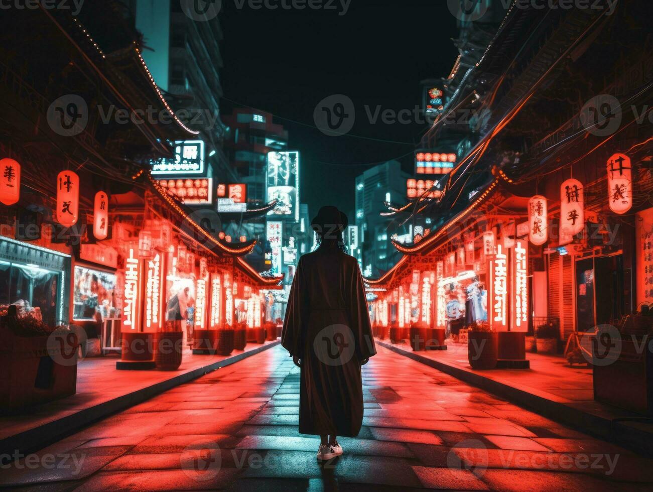 femme en marchant en toute confiance par le vibrant néon allumé des rues ai génératif photo