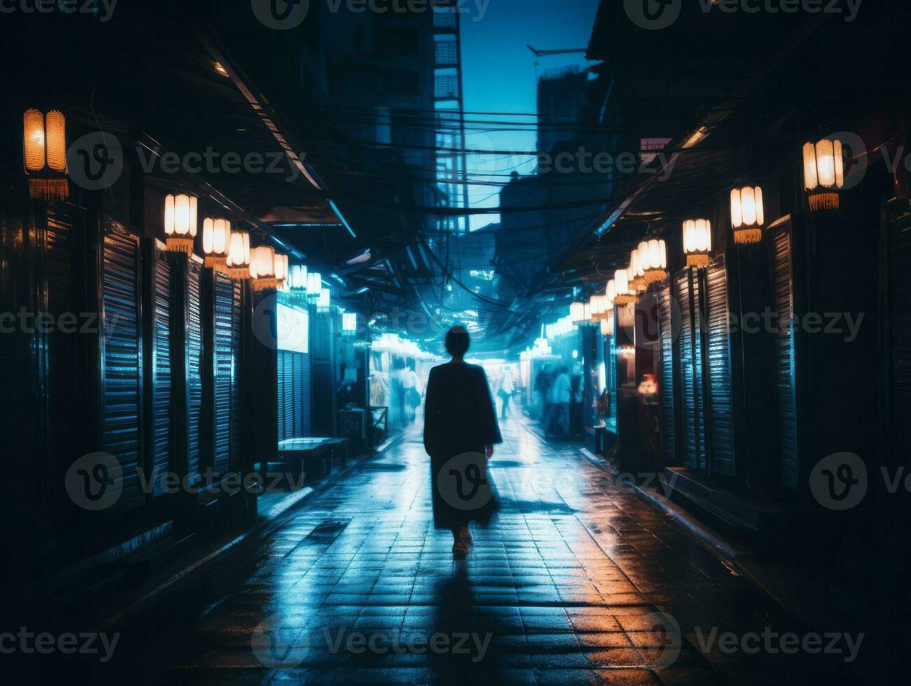 femme en marchant en toute confiance par le vibrant néon allumé des rues ai génératif photo