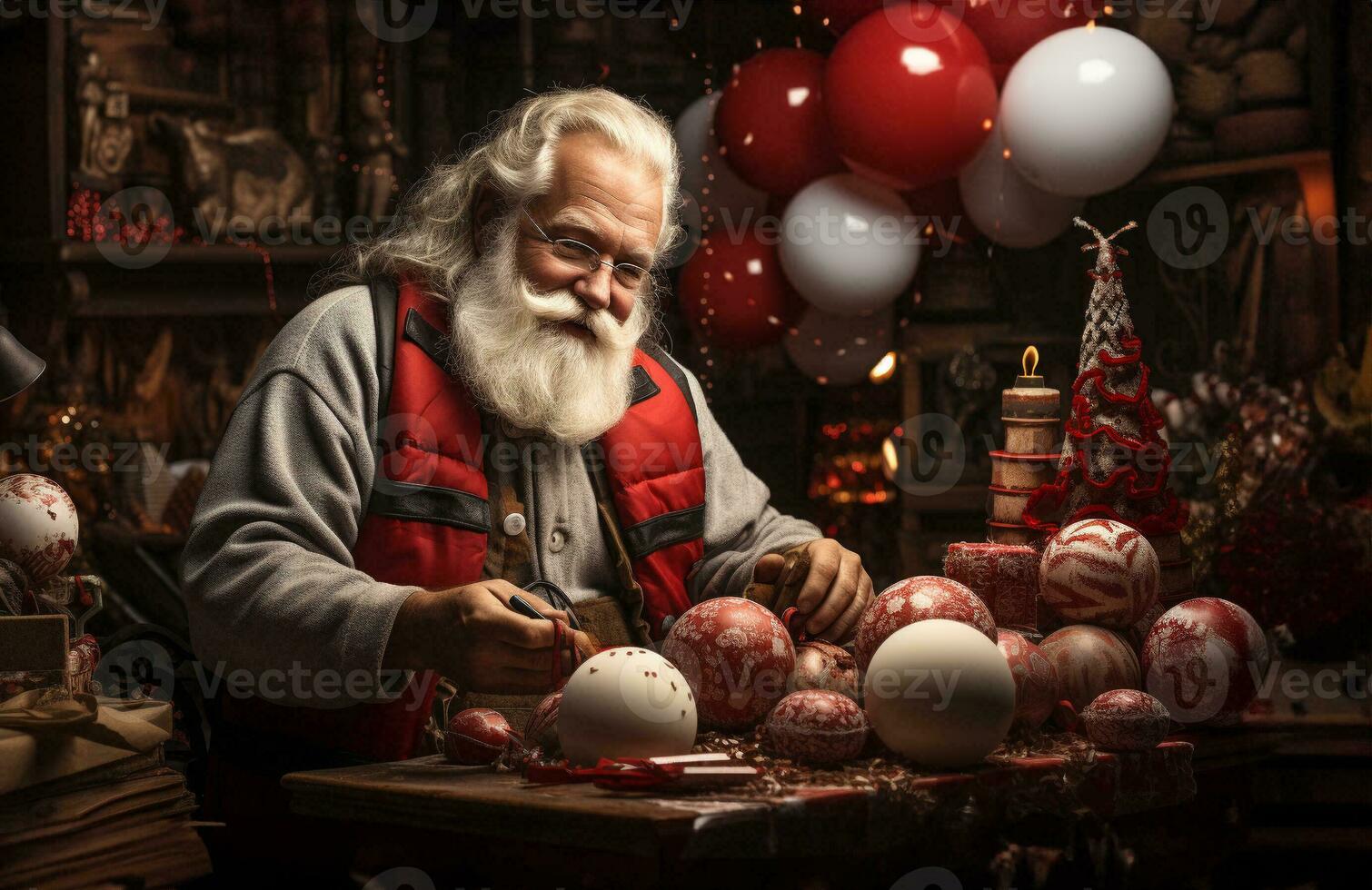 Père Noël claus travail dans le sien atelier. génératif ai. photo