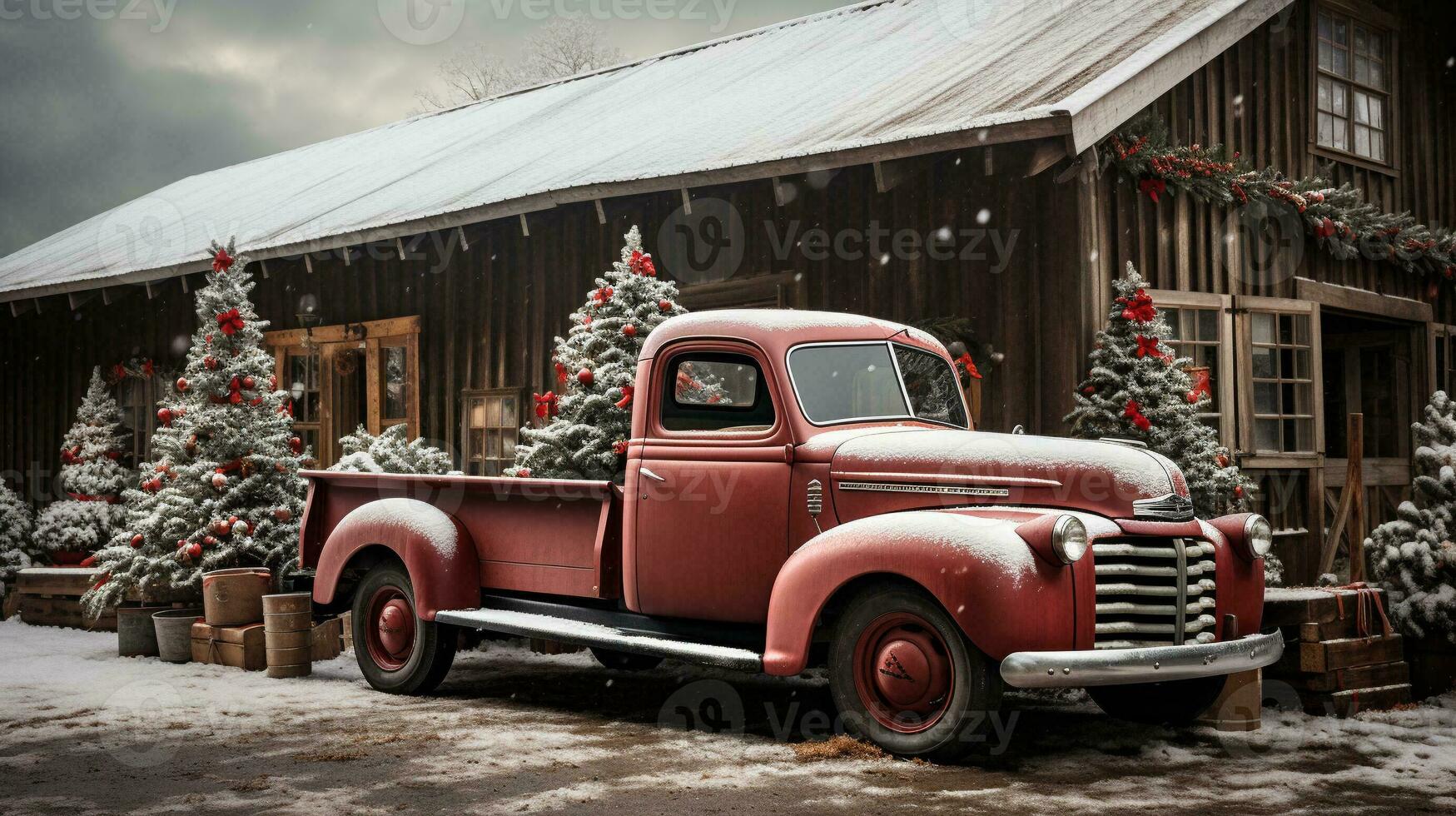 ancien ramasser un camion porter une Noël arbre garé à l'extérieur de façon festive décoré Grange magasin. génératif ai. photo