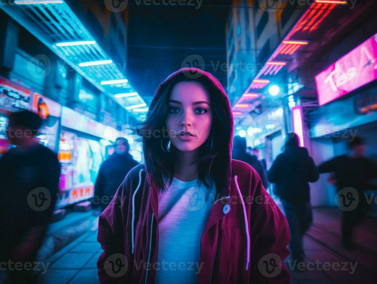 femme en marchant en toute confiance par le vibrant néon allumé des rues ai génératif photo