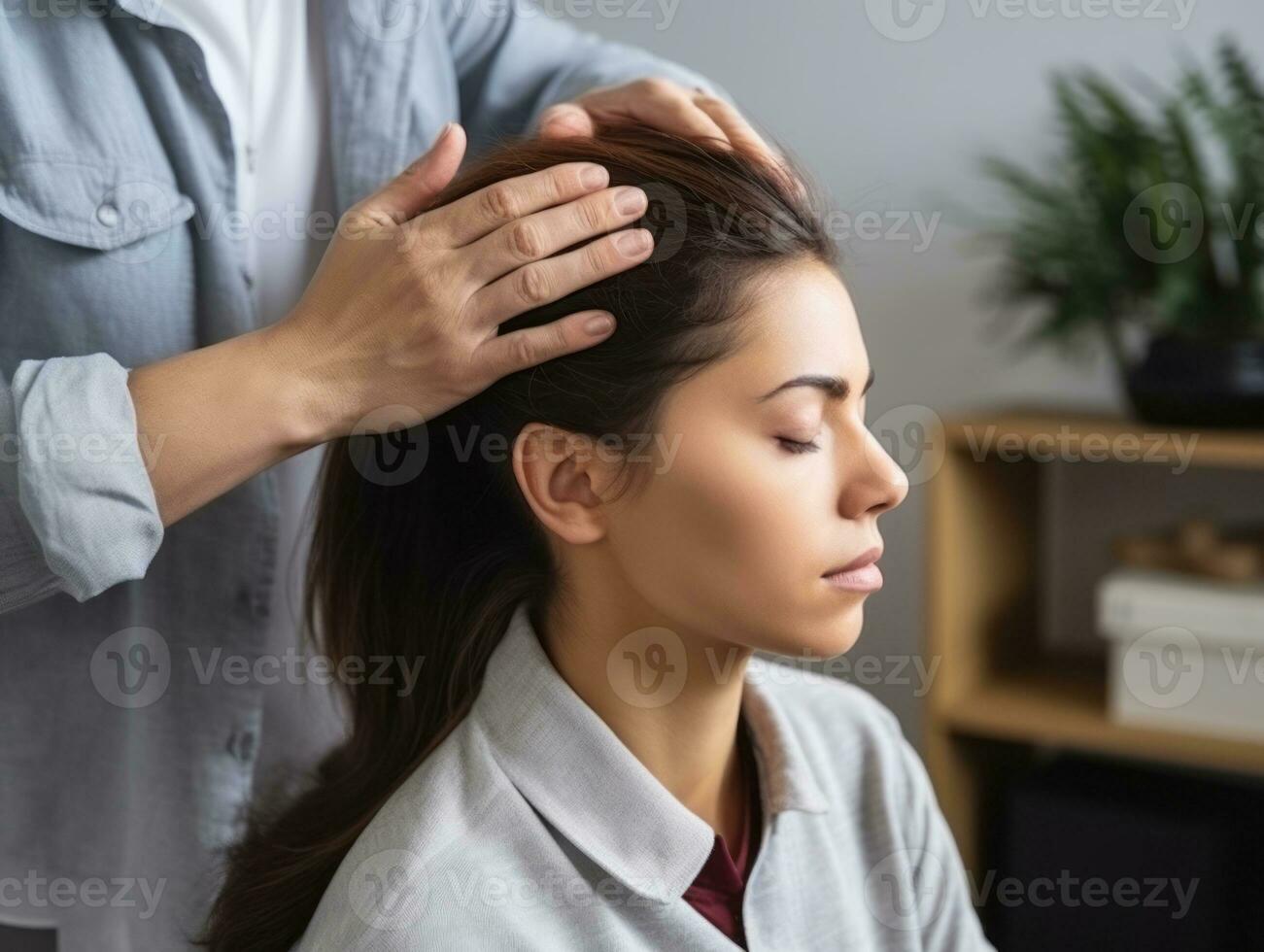 femelle médecin soigneusement examine une patient dans sa Bureau ai génératif photo