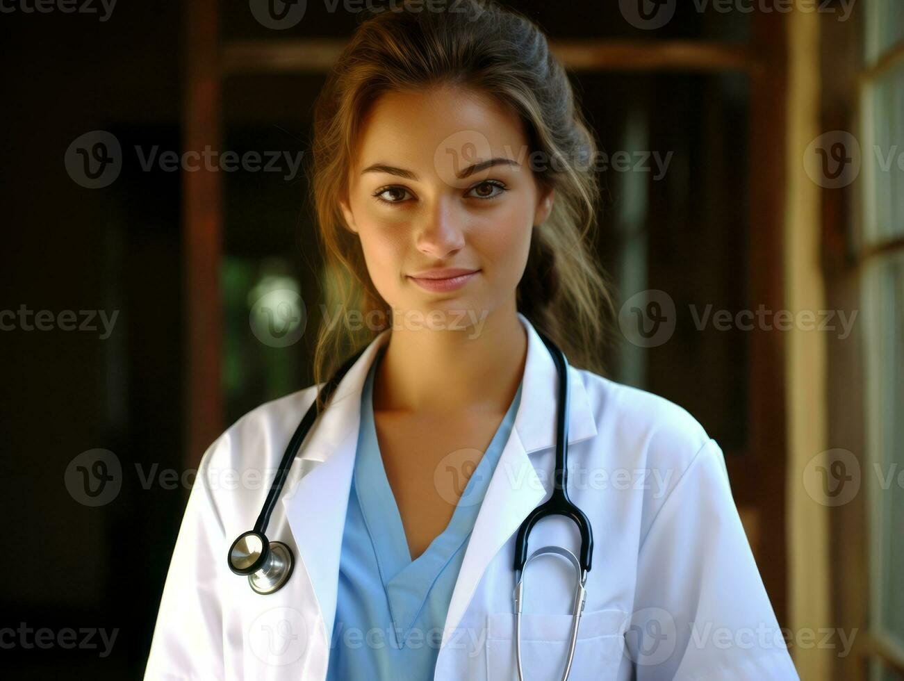 femelle médecin soigneusement examine une patient dans sa Bureau ai génératif photo