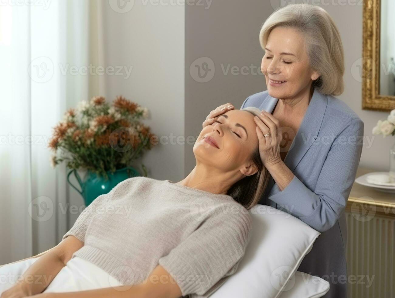 femelle médecin soigneusement examine une patient dans sa Bureau ai génératif photo