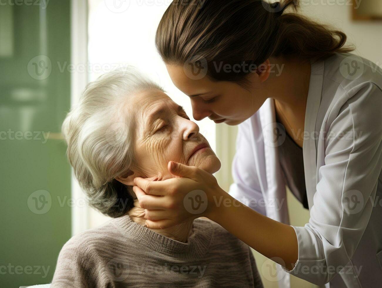 femelle médecin soigneusement examine une patient dans sa Bureau ai génératif photo