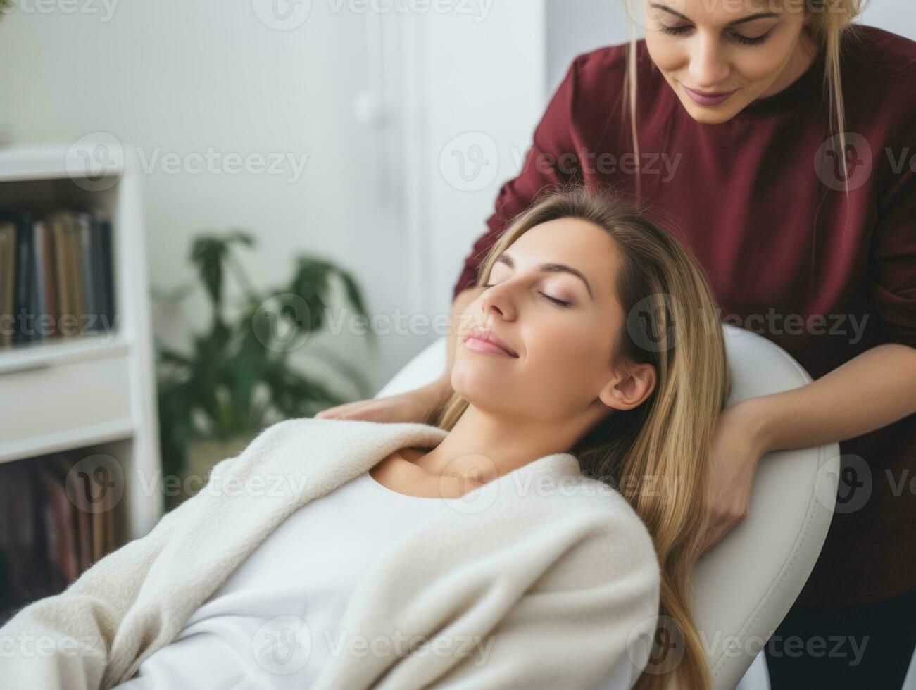 femelle médecin soigneusement examine une patient dans sa Bureau ai génératif photo