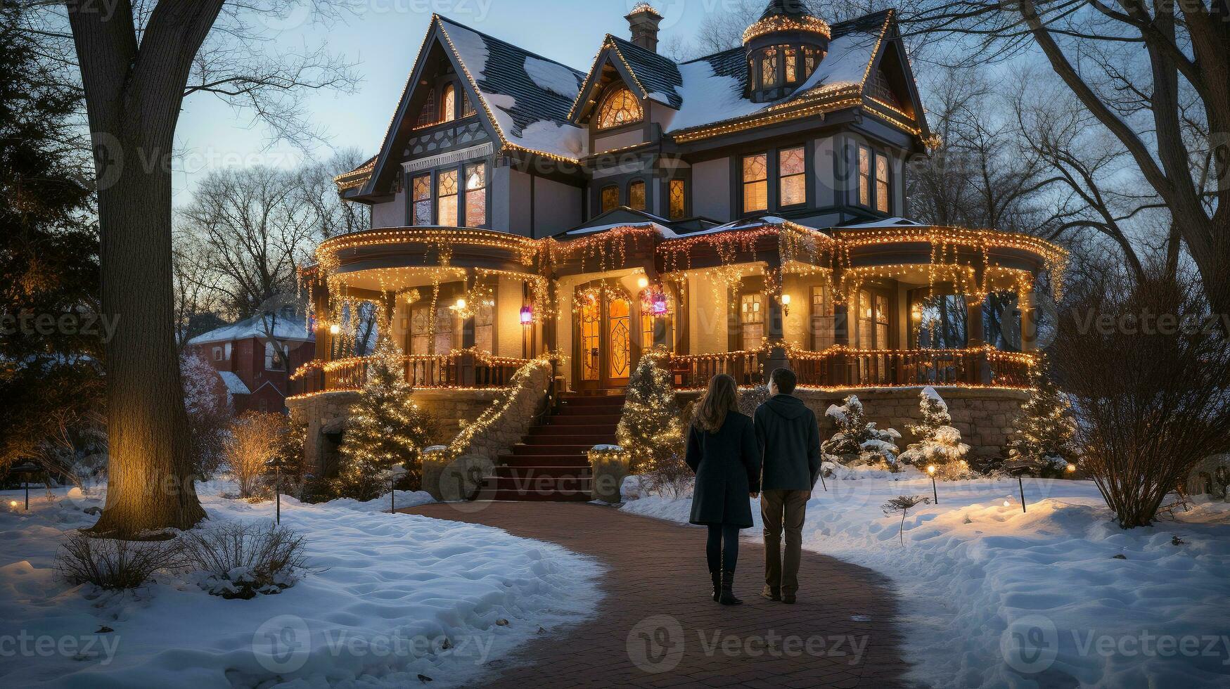 couple en marchant vers le de face porte de une magnifiquement décoré Noël à thème maison sur une hiver soir. génératif ai. photo