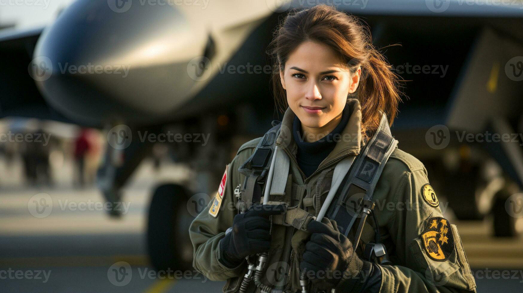 mixte course femelle combattant pilote soldat permanent à l'extérieur sa militaire combattant jet - génératif ai. photo