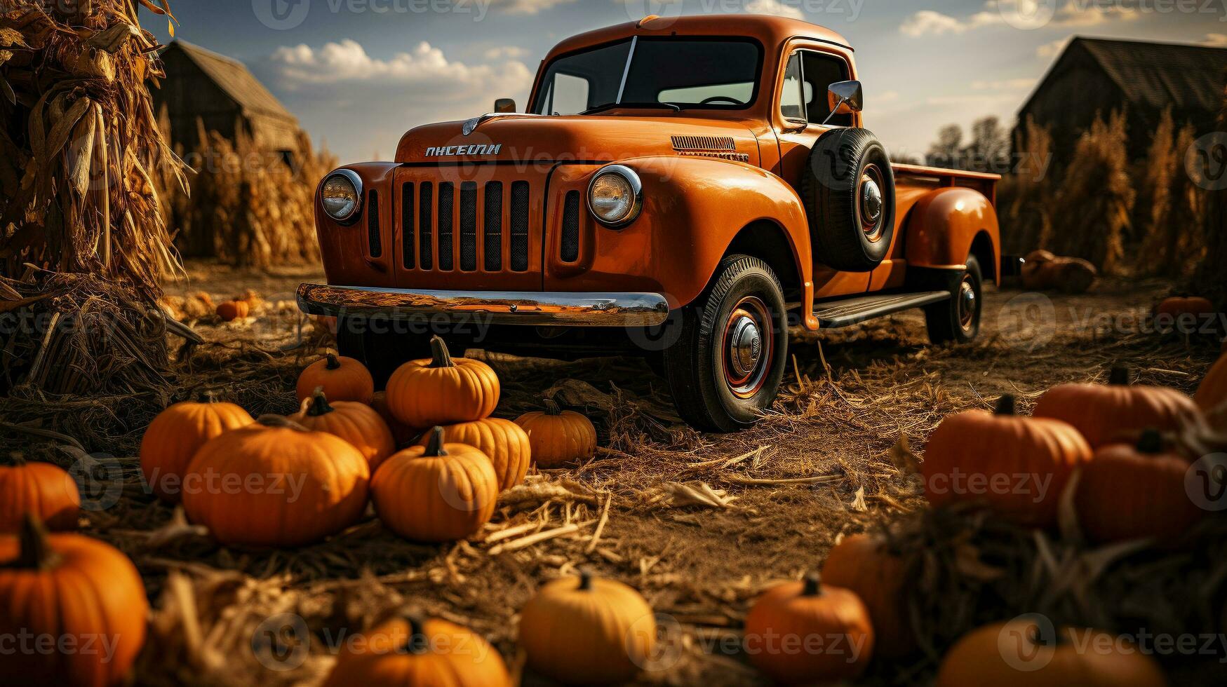 citrouilles entourer une ancien un camion dans une tomber Grange pays réglage - génératif ai. photo