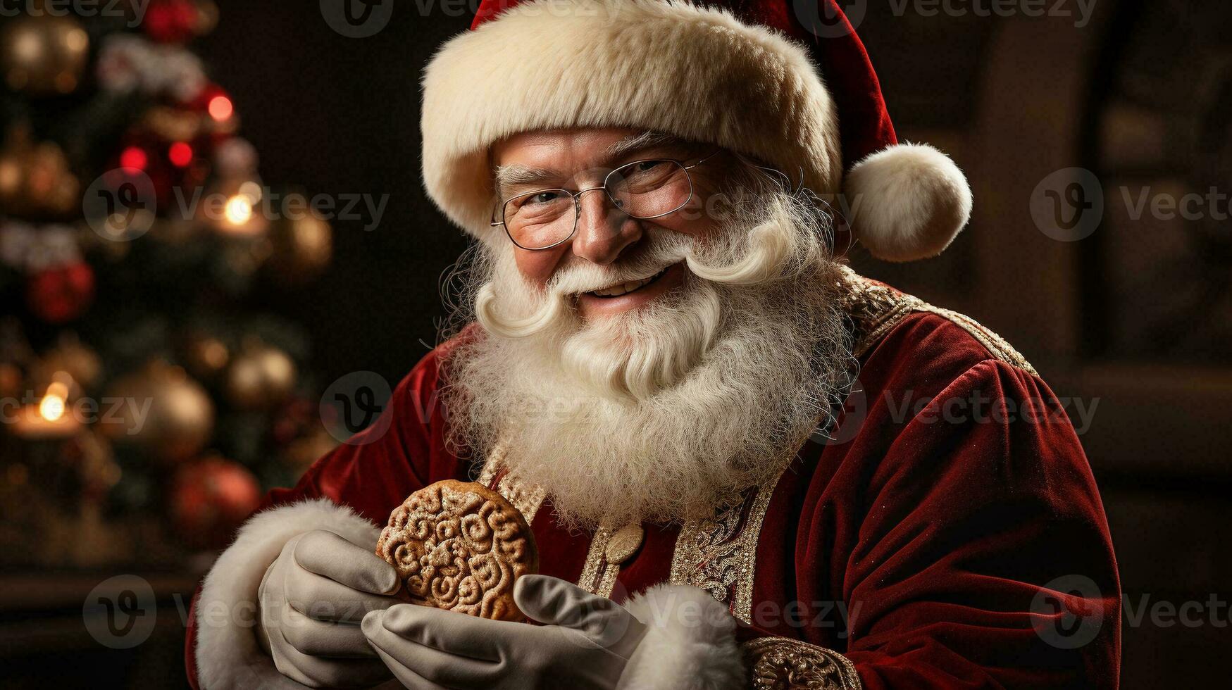 Père Noël claus profiter le sien biscuits suivant à le Noël arbre. génératif ai. photo