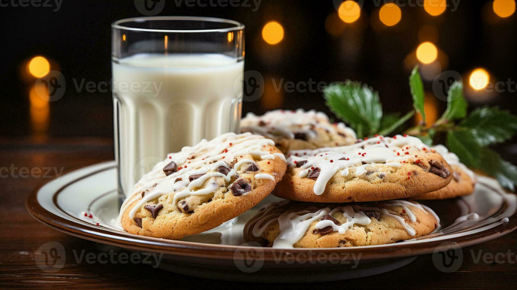 Chocolat puce biscuits et Lait sur une petit assiette attendre pour Père Noël clause une brume le décorations sur Noël veille. génératif ai photo