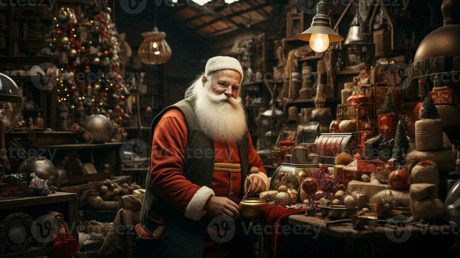 Père Noël claus travail dans le sien atelier. génératif ai. photo