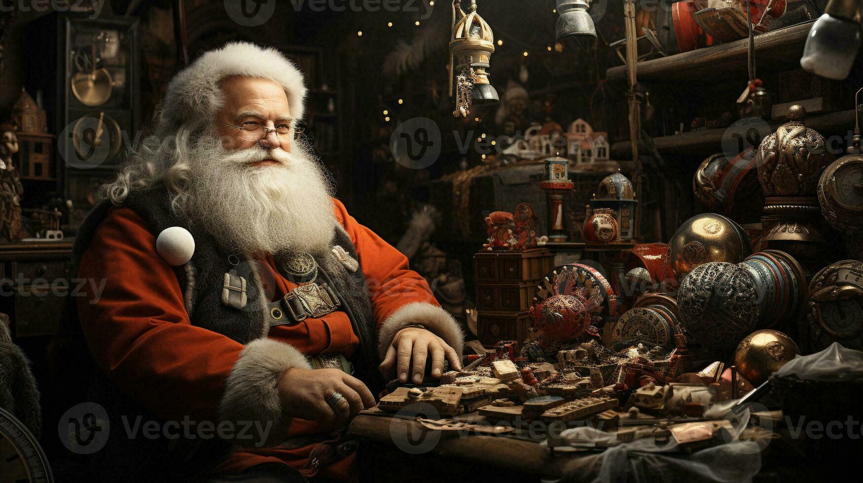 Père Noël claus travail dans le sien atelier. génératif ai. photo