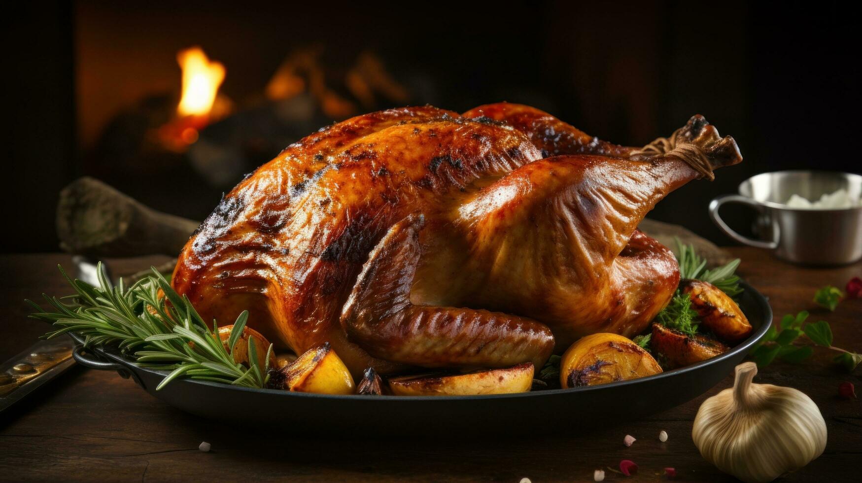 rôti dinde pour traditionnel action de grâces dîner sur rustique table photo