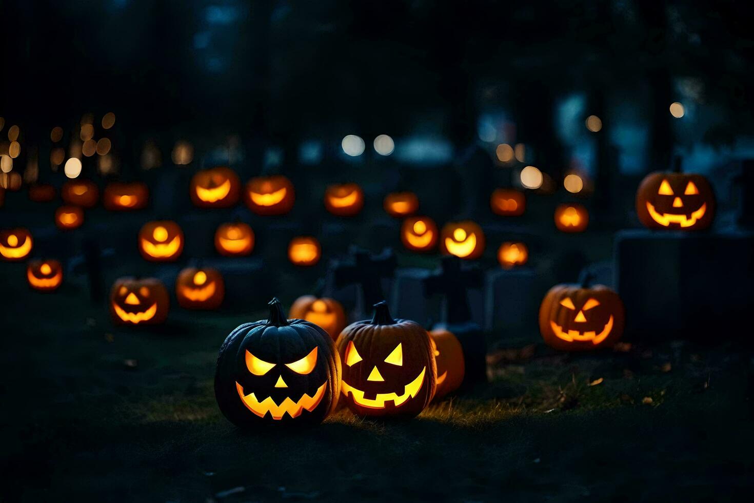 Halloween citrouilles dans le cimetière à nuit. généré par ai photo