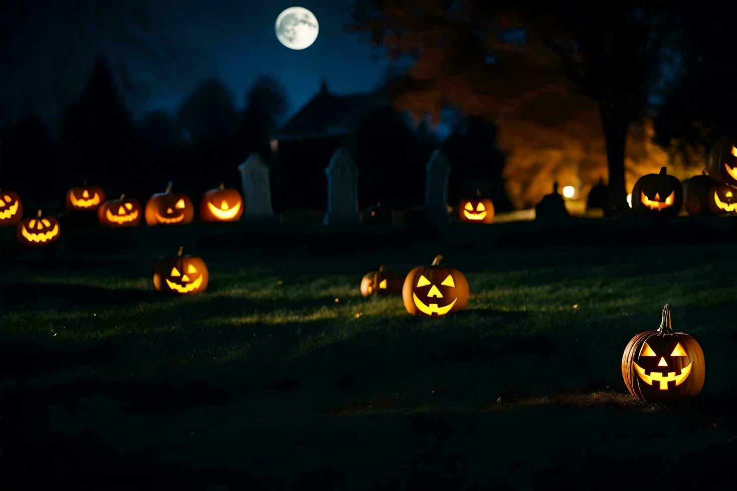 Halloween citrouilles dans le herbe à nuit. généré par ai photo