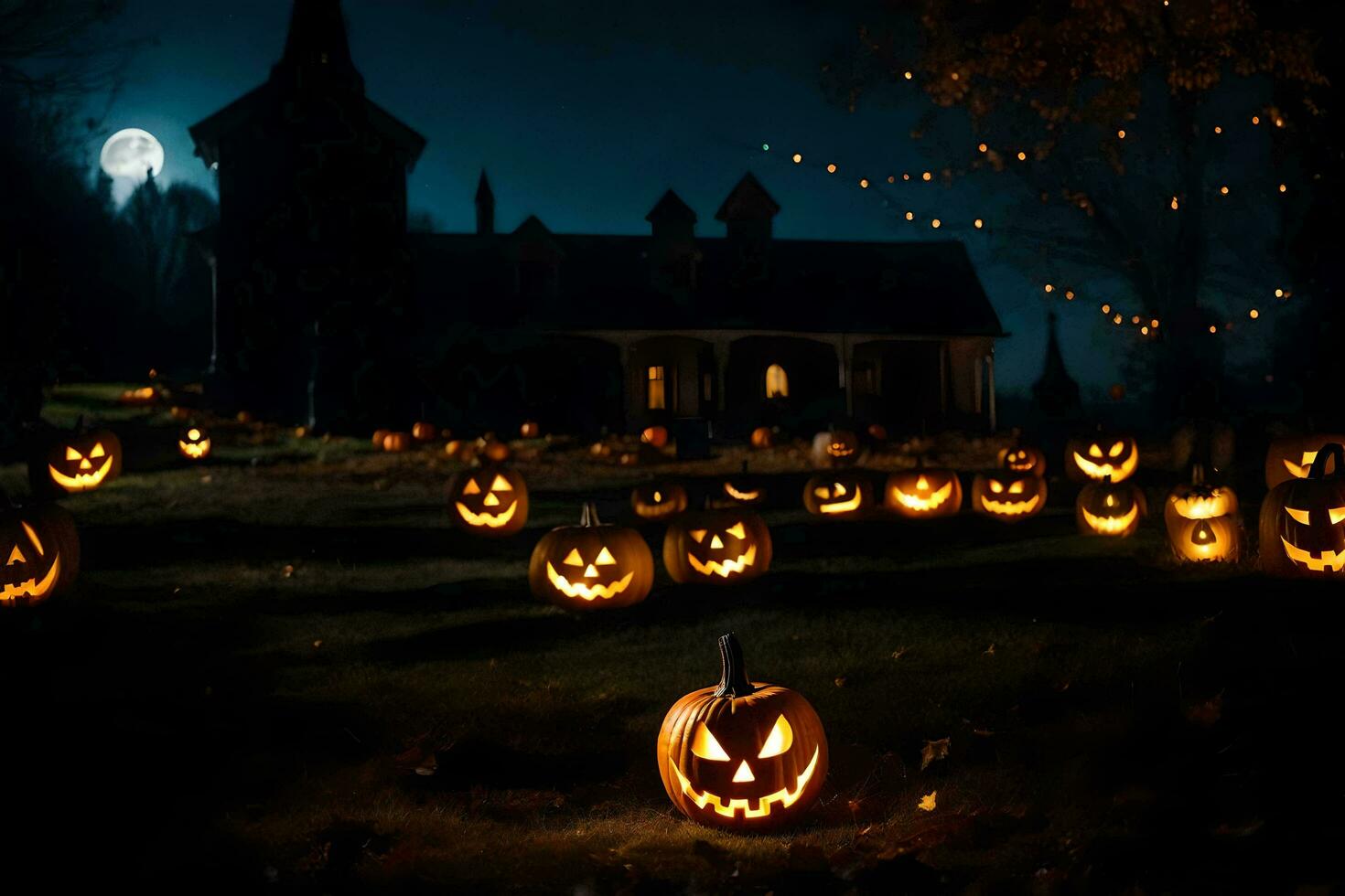 Halloween citrouilles dans le foncé avec une plein lune. généré par ai photo